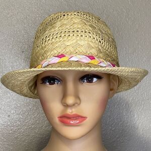 Vintage Berytos Straw Hat With Pink Braided Trim One Size